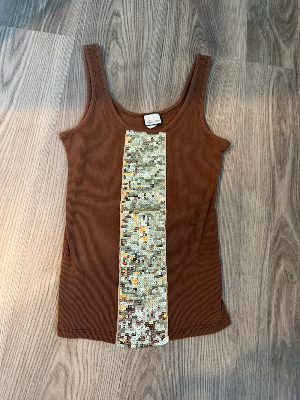 a'gaci Brown Ribbed Tank with Sequin Center Panel